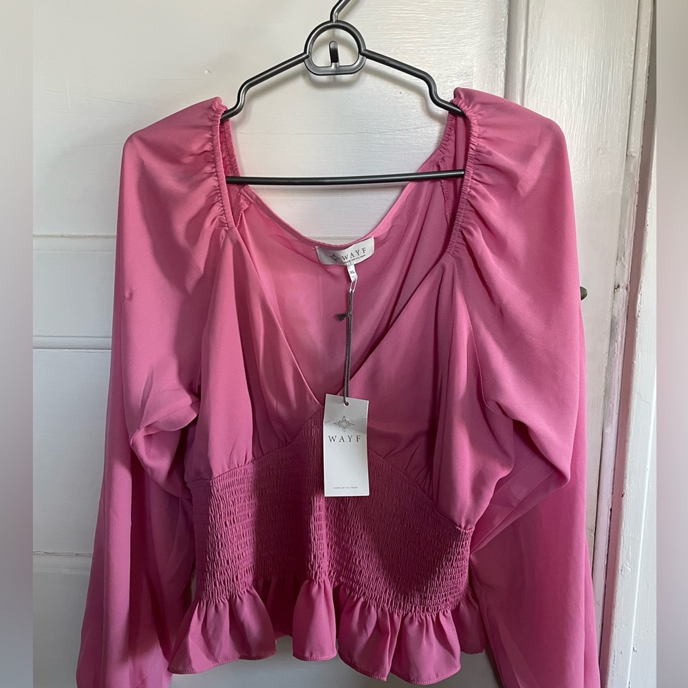 NWT wayf pink smocked vneck top.